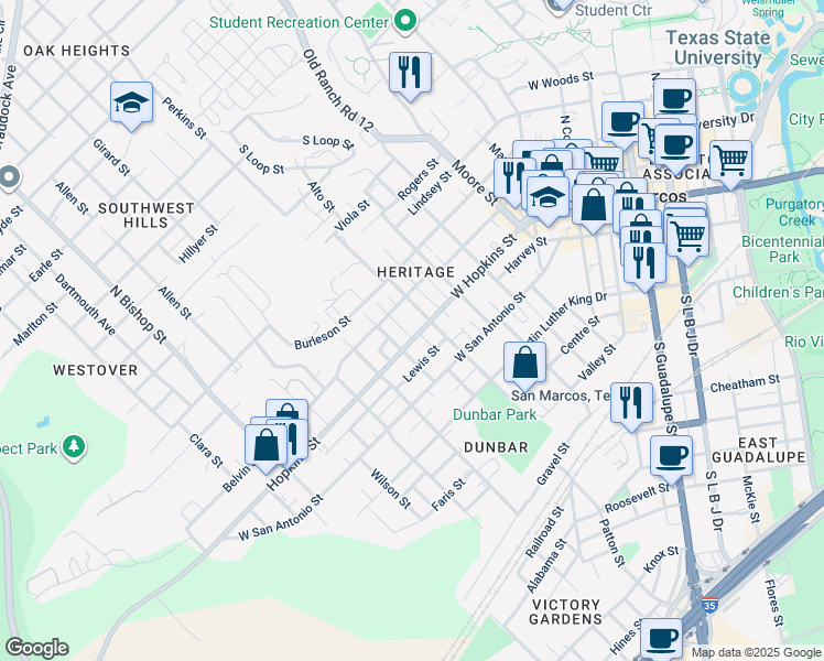 map of restaurants, bars, coffee shops, grocery stores, and more near 819 West Hopkins Street in San Marcos