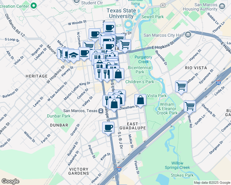 map of restaurants, bars, coffee shops, grocery stores, and more near 308 South L B J Drive in San Marcos
