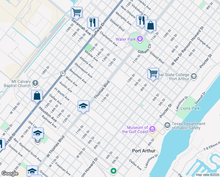 map of restaurants, bars, coffee shops, grocery stores, and more near 801 11th Street in Port Arthur
