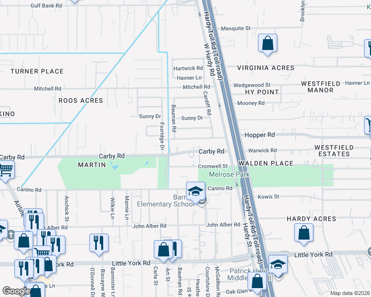 map of restaurants, bars, coffee shops, grocery stores, and more near 1025 Carby Road in Houston