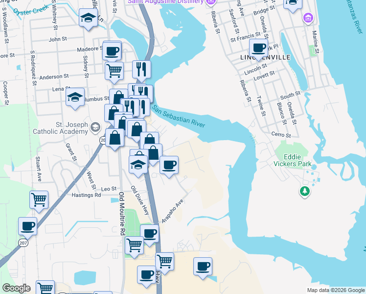 map of restaurants, bars, coffee shops, grocery stores, and more near 255 Diesel Road in St. Augustine