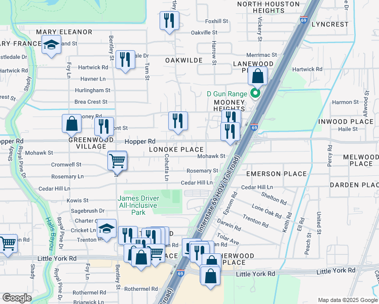 map of restaurants, bars, coffee shops, grocery stores, and more near 3813 Mohawk Street in Houston