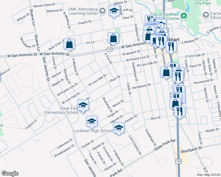 map of restaurants, bars, coffee shops, grocery stores, and more near 801 Clear Fork Street in Lockhart