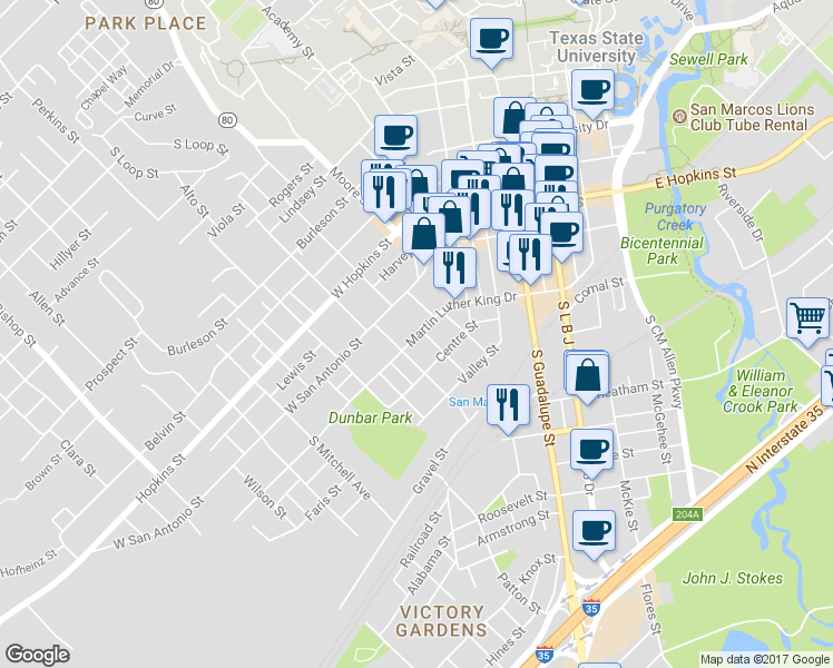 map of restaurants, bars, coffee shops, grocery stores, and more near 606 West Martin Luther King Drive in San Marcos