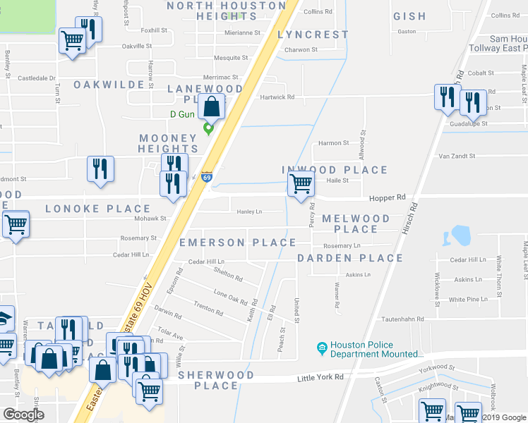 map of restaurants, bars, coffee shops, grocery stores, and more near 4526 Hanley Lane in Houston