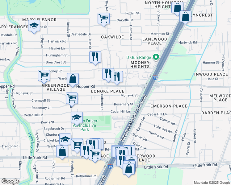 map of restaurants, bars, coffee shops, grocery stores, and more near 3813 Mohawk Street in Houston