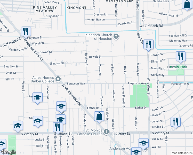 map of restaurants, bars, coffee shops, grocery stores, and more near 9306 Beckley Street in Houston