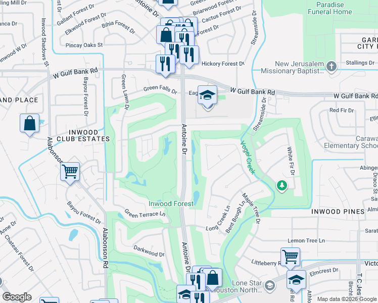 map of restaurants, bars, coffee shops, grocery stores, and more near 7806 Antoine Drive in Houston