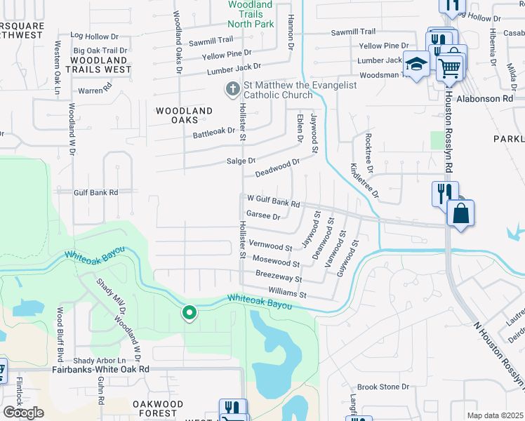 map of restaurants, bars, coffee shops, grocery stores, and more near 7723 Garsee Drive in Houston