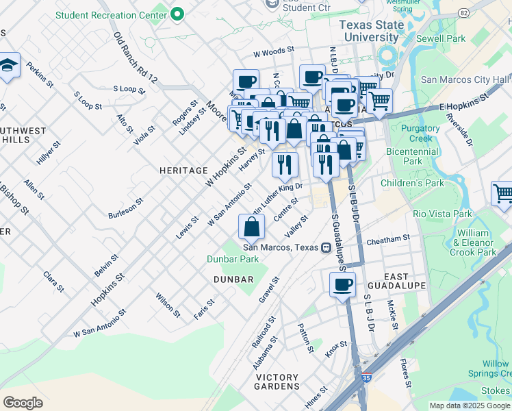map of restaurants, bars, coffee shops, grocery stores, and more near 614 Martin Luther King Drive in San Marcos
