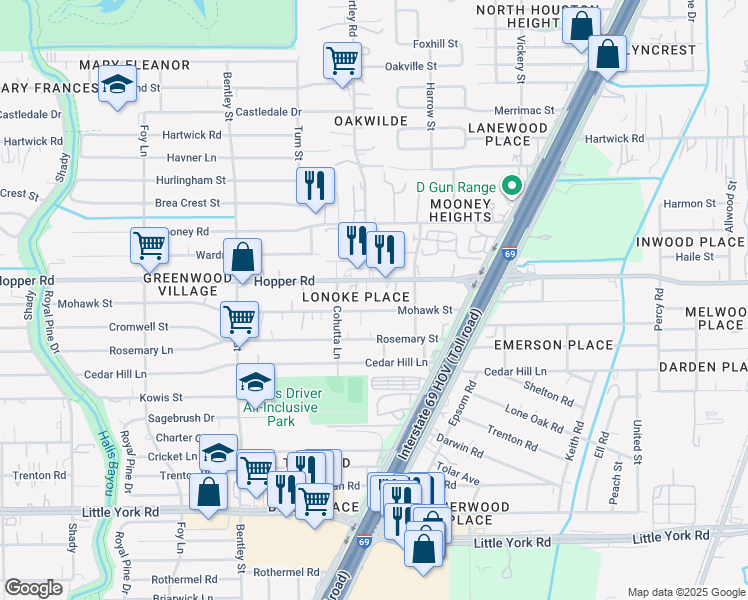 map of restaurants, bars, coffee shops, grocery stores, and more near 3813 Mohawk Street in Houston