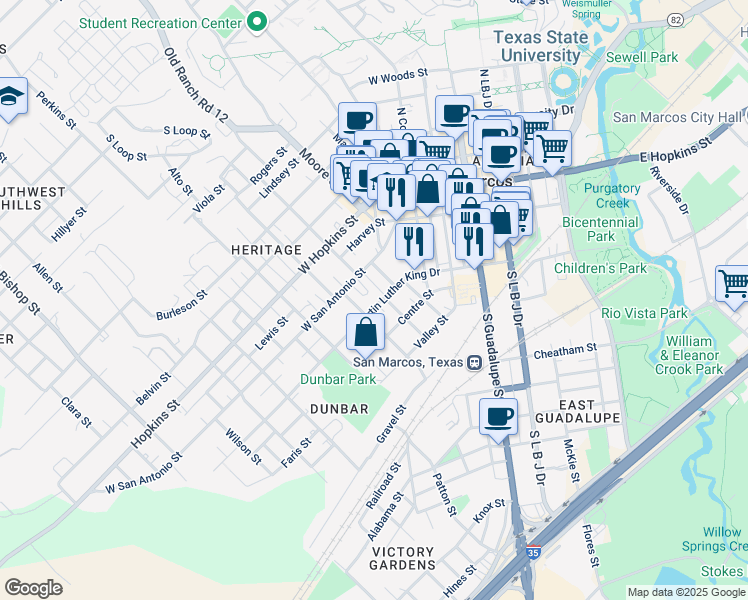 map of restaurants, bars, coffee shops, grocery stores, and more near 614 Martin Luther King Drive in San Marcos
