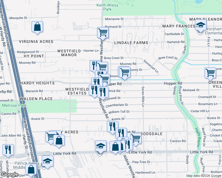 map of restaurants, bars, coffee shops, grocery stores, and more near 2140 Warwick Road in Houston