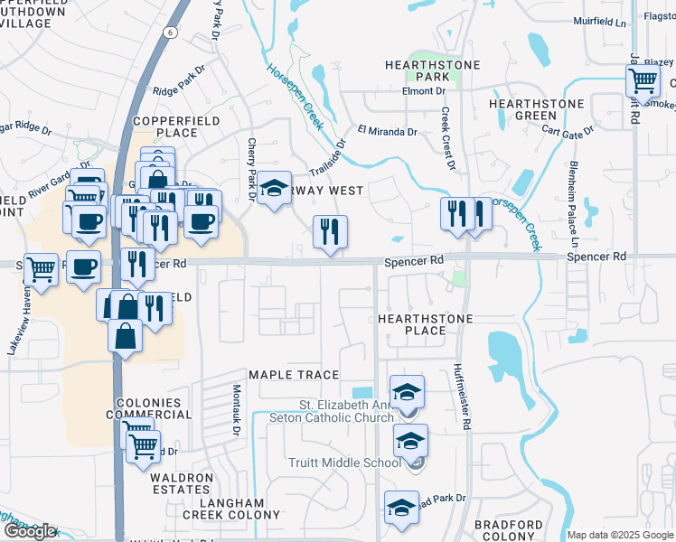 map of restaurants, bars, coffee shops, grocery stores, and more near 15087 Spencer Road in Houston