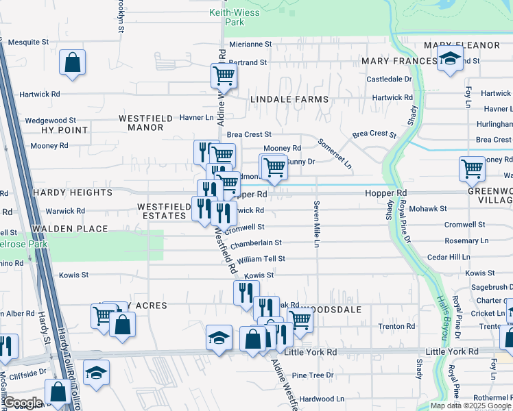 map of restaurants, bars, coffee shops, grocery stores, and more near 2140 Warwick Road in Houston