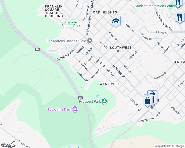 map of restaurants, bars, coffee shops, grocery stores, and more near 1415 Marlton Street in San Marcos