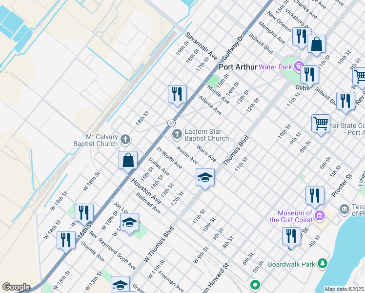 map of restaurants, bars, coffee shops, grocery stores, and more near 509 14th Street in Port Arthur