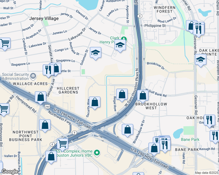 map of restaurants, bars, coffee shops, grocery stores, and more near 10423 Regal Row in Houston