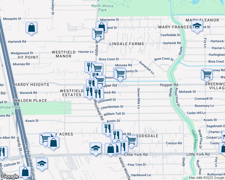 map of restaurants, bars, coffee shops, grocery stores, and more near 2140 Warwick Road in Houston