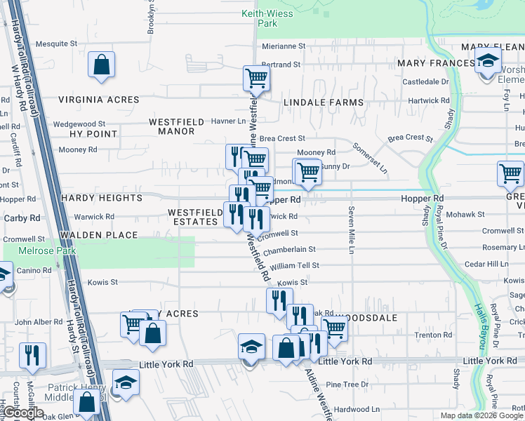 map of restaurants, bars, coffee shops, grocery stores, and more near 11126 Aldine Westfield Road in Houston