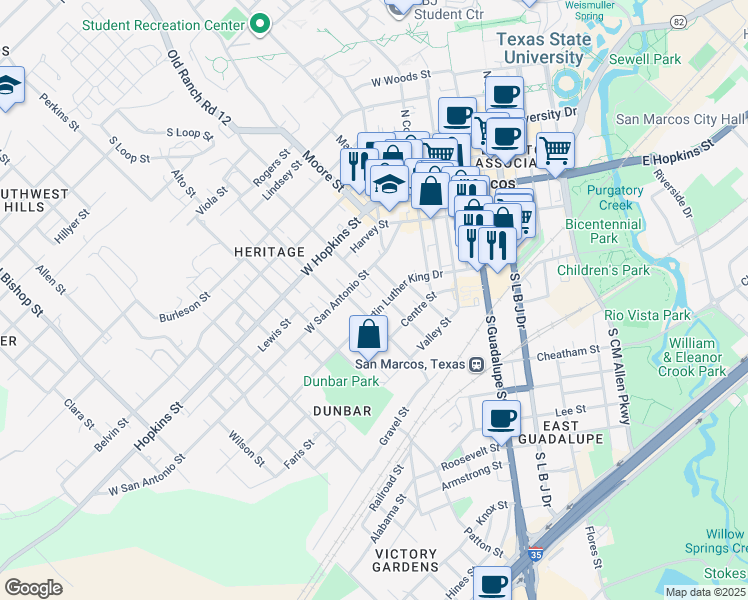 map of restaurants, bars, coffee shops, grocery stores, and more near 614 Martin Luther King Drive in San Marcos