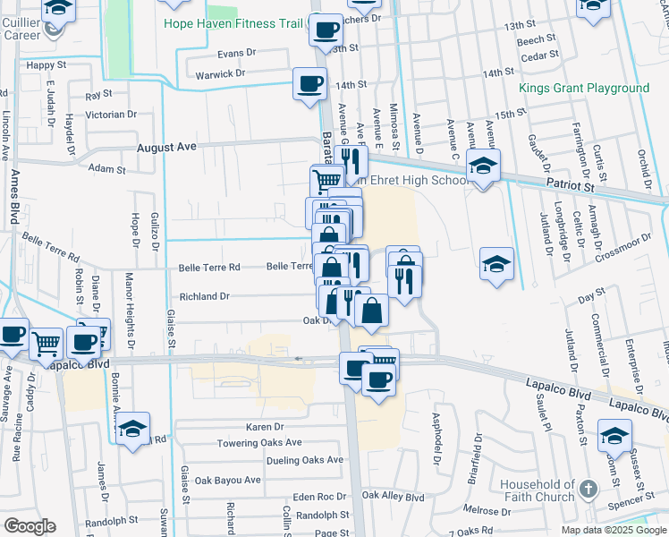 map of restaurants, bars, coffee shops, grocery stores, and more near 1712 Barataria Boulevard in Marrero