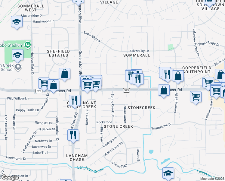 map of restaurants, bars, coffee shops, grocery stores, and more near 16802 Stone Creek Model Park in Houston