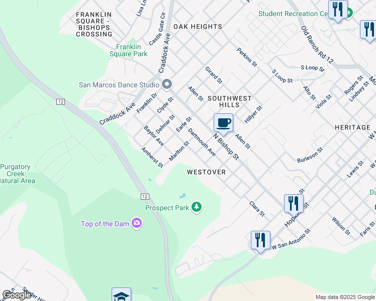 map of restaurants, bars, coffee shops, grocery stores, and more near 908 Columbia Avenue in San Marcos