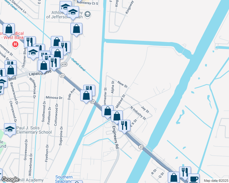 map of restaurants, bars, coffee shops, grocery stores, and more near 202 Ernest Street in Belle Chasse