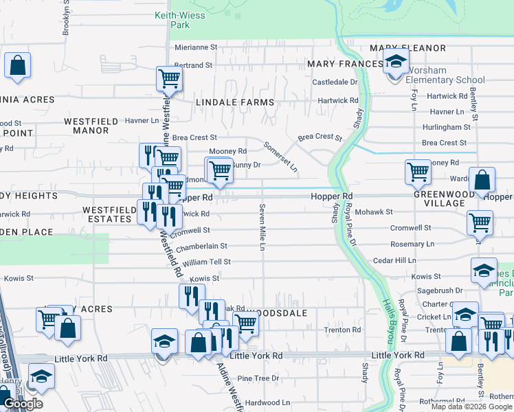 map of restaurants, bars, coffee shops, grocery stores, and more near 2402 Warwick Road in Houston