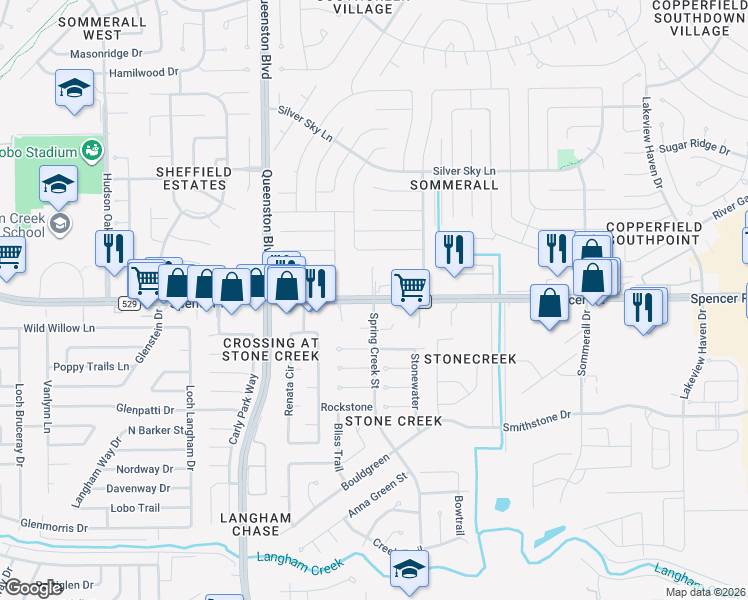 map of restaurants, bars, coffee shops, grocery stores, and more near 16802 Stone Creek Model Park in Houston