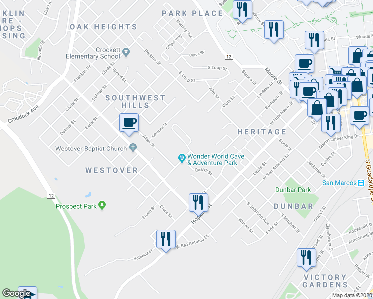 map of restaurants, bars, coffee shops, grocery stores, and more near 1213 Burleson Street in San Marcos
