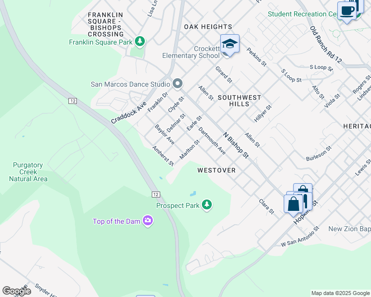 map of restaurants, bars, coffee shops, grocery stores, and more near 1415 Marlton Street in San Marcos