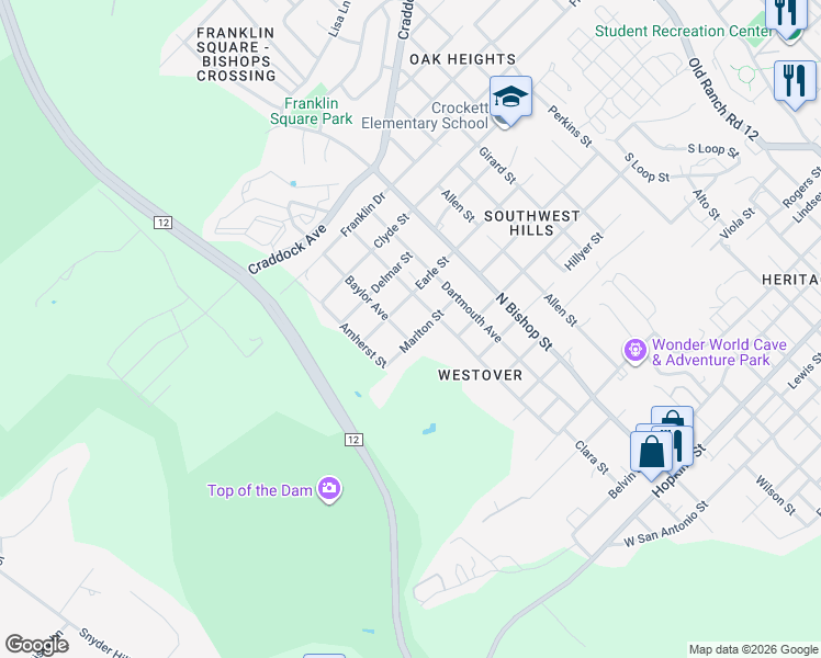 map of restaurants, bars, coffee shops, grocery stores, and more near 1410 Marlton Street in San Marcos