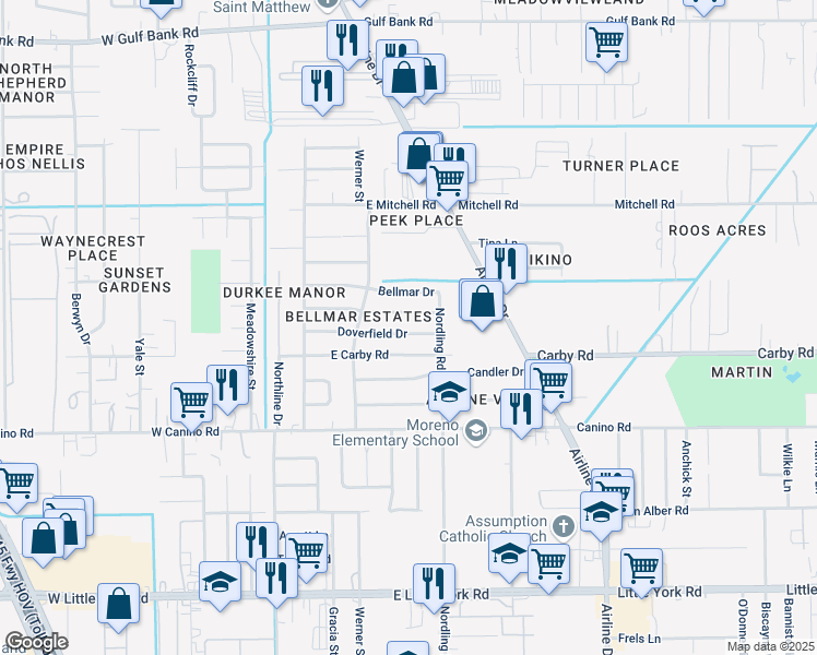 map of restaurants, bars, coffee shops, grocery stores, and more near 510 Doverfield Drive in Houston