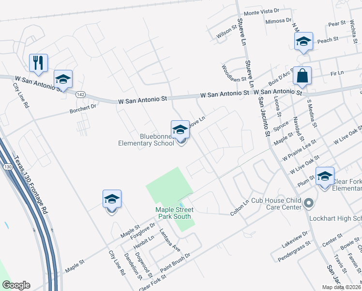 map of restaurants, bars, coffee shops, grocery stores, and more near 211 South Mockingbird Lane in Lockhart