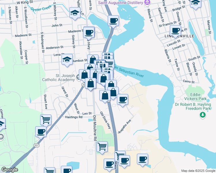 map of restaurants, bars, coffee shops, grocery stores, and more near 9 Iroquois Ave in St Augustine