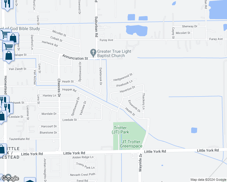 map of restaurants, bars, coffee shops, grocery stores, and more near 7011 Haverton Drive in Houston