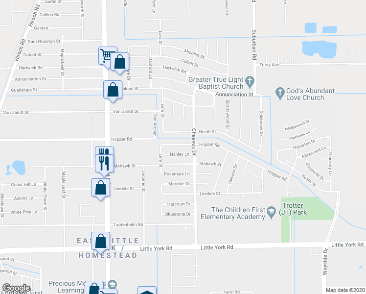map of restaurants, bars, coffee shops, grocery stores, and more near 6418 Hanley Lane in Houston