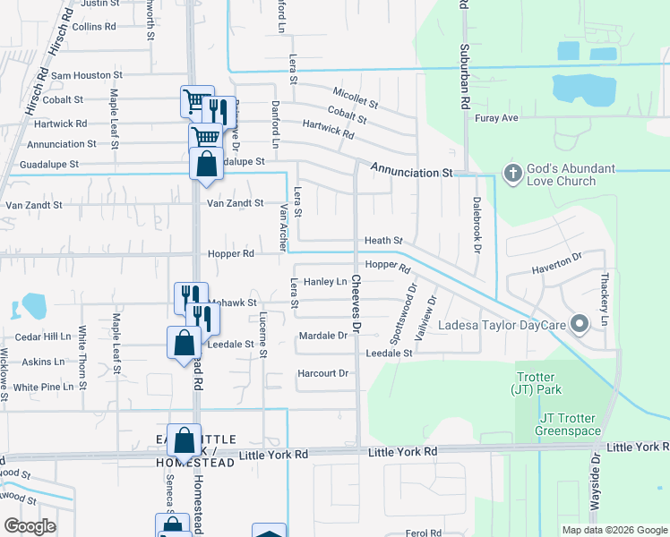 map of restaurants, bars, coffee shops, grocery stores, and more near 6410 Hopper Road in Houston