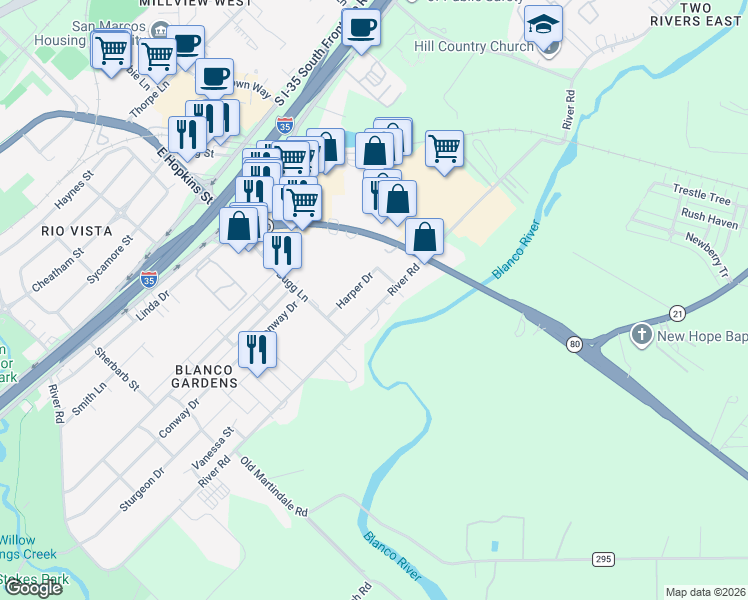 map of restaurants, bars, coffee shops, grocery stores, and more near 1409 River Road in San Marcos