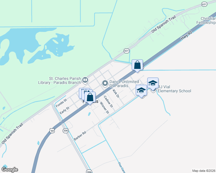 map of restaurants, bars, coffee shops, grocery stores, and more near 15160 U.S. 90 in Paradis
