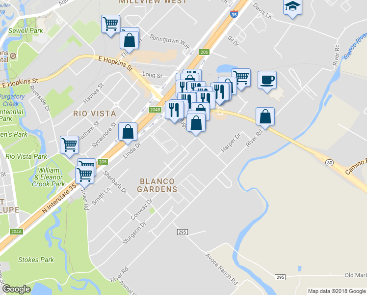 map of restaurants, bars, coffee shops, grocery stores, and more near 3334 Highline Drive in San Marcos