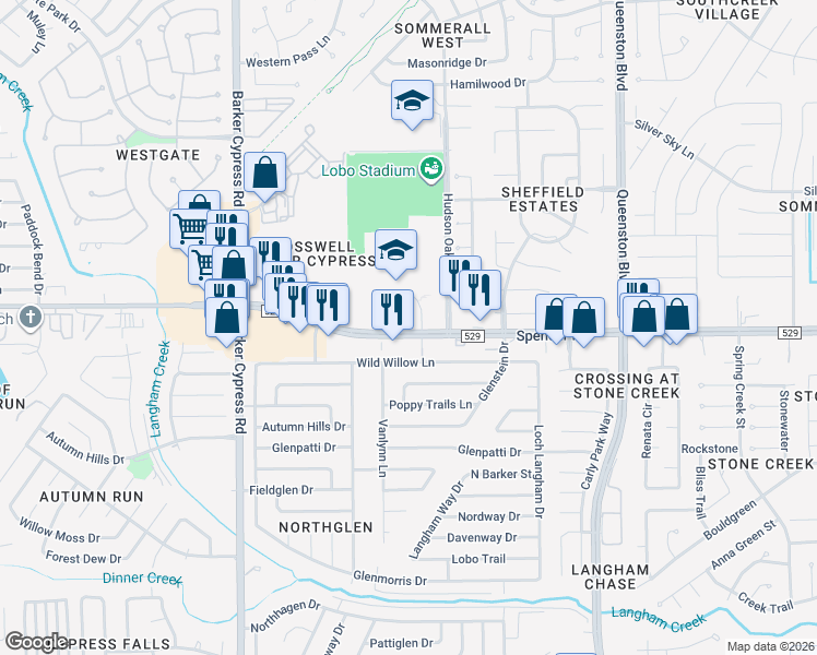 map of restaurants, bars, coffee shops, grocery stores, and more near 17534 Wild Willow Lane in Houston