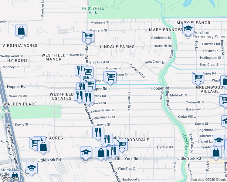 map of restaurants, bars, coffee shops, grocery stores, and more near 2202 Warwick Road in Houston