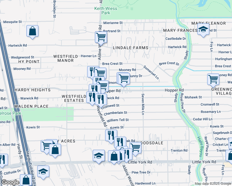 map of restaurants, bars, coffee shops, grocery stores, and more near 2140 Warwick Road in Houston