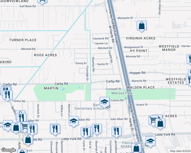 map of restaurants, bars, coffee shops, grocery stores, and more near 1025 Carby Road in Houston