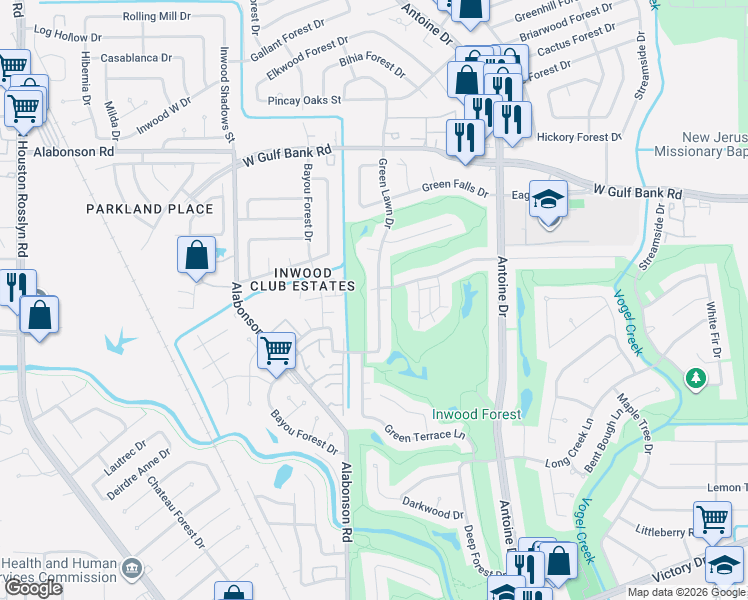 map of restaurants, bars, coffee shops, grocery stores, and more near 7733 Green Lawn Drive in Houston