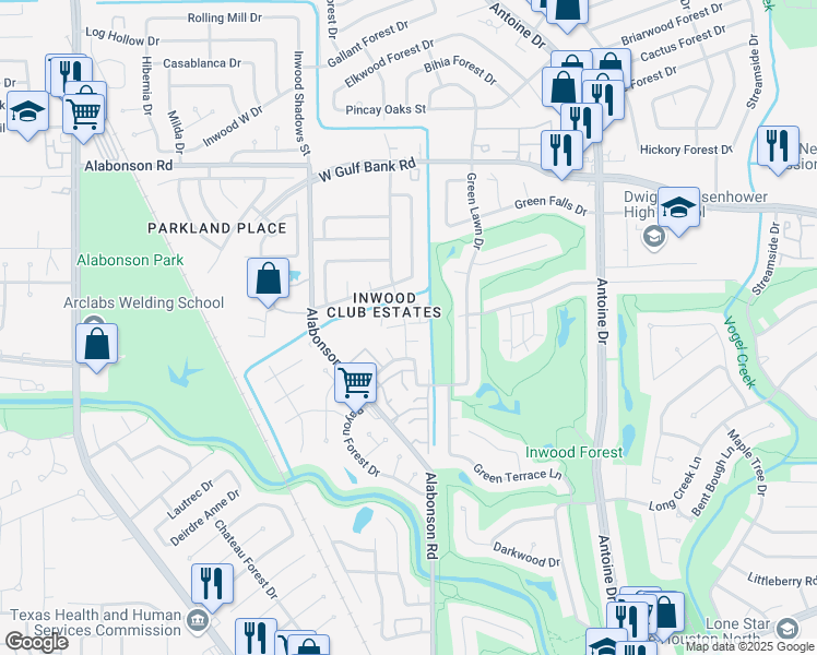 map of restaurants, bars, coffee shops, grocery stores, and more near 6130 Long Leaf Drive in Houston