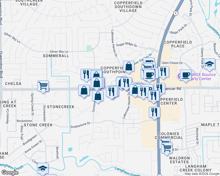 map of restaurants, bars, coffee shops, grocery stores, and more near 16080-16094 Spencer Road in Houston
